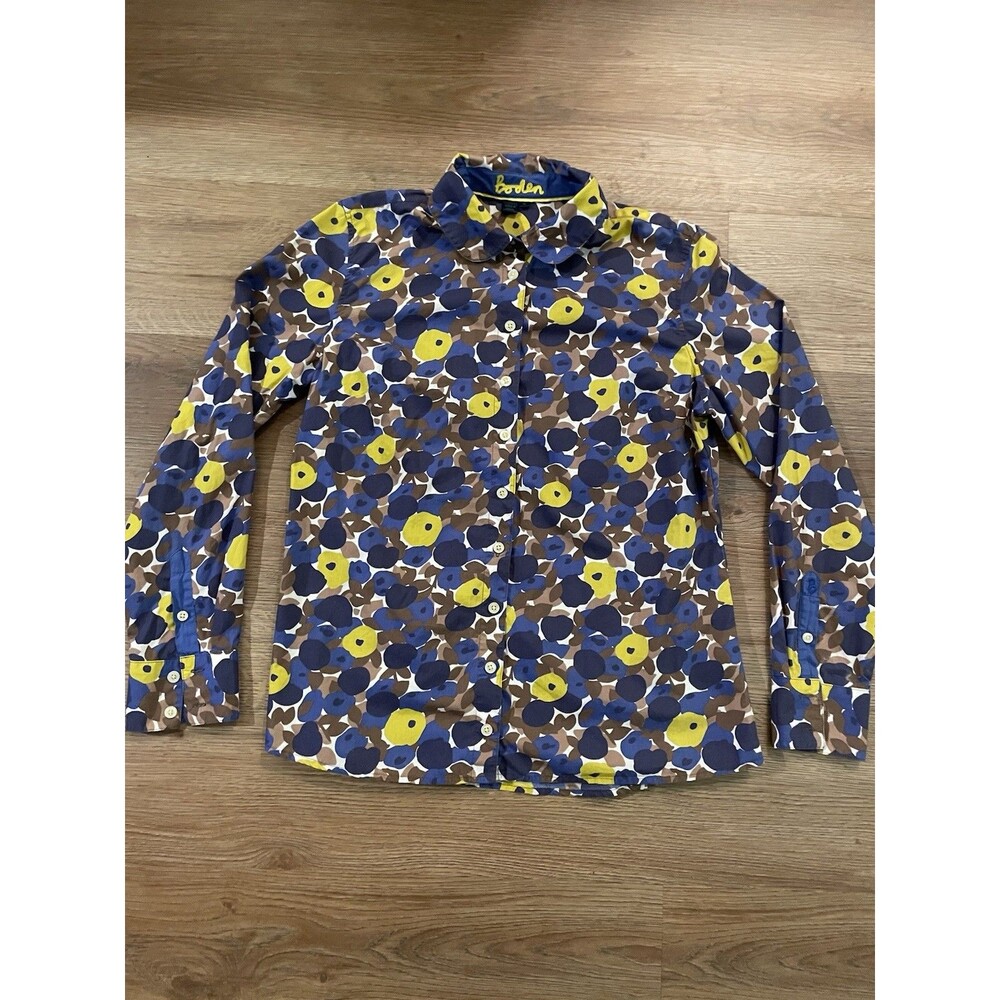 Boden Floral Button Down Shirt Peter Pan Collar Blue Yellow Brown Women's 14